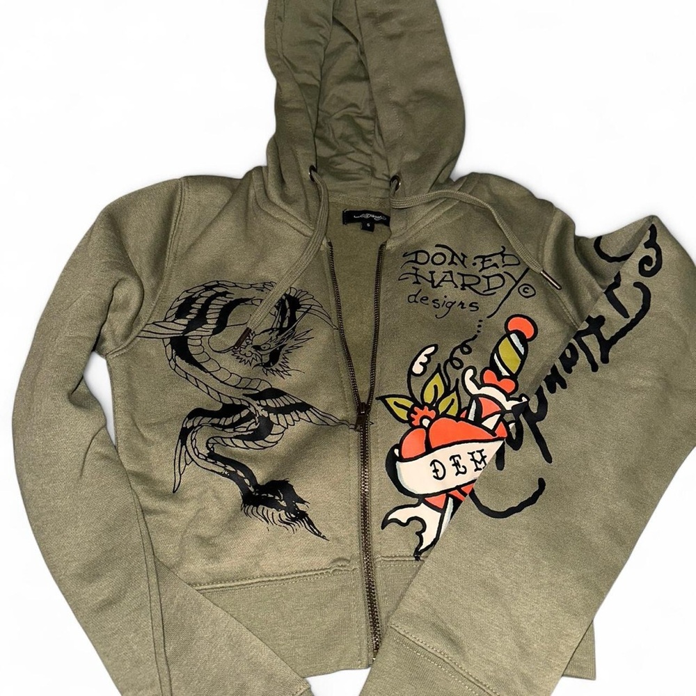 Ed Hardy Olive Green Graphic Hoodie Jacket